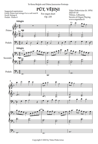 Pūt, vējiņi, Op. 235 (Organ Duet) by Vidas Pinkevicius