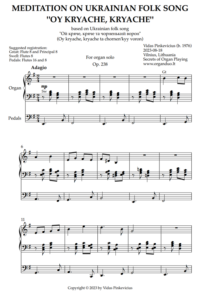 Meditation on Ukrainian Folk Song "Oy kryache, kryache", Op. 238 (Organ Solo)