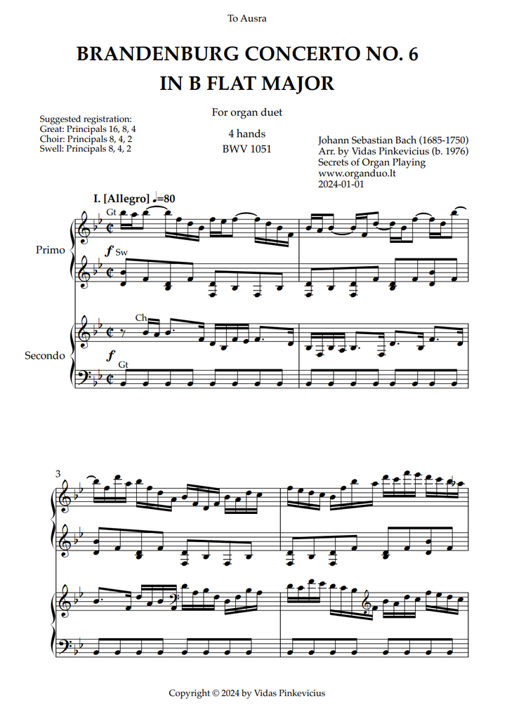 Brandenburg Concerto No. 6 in Bb Major, BWV 1051 (arr. for Organ Duet) by Johann Sebastian Bach