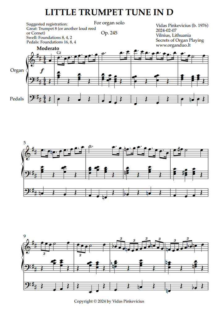 Little Trumpet Tune in D, Op. 245 (Organ Solo) by Vidas Pinkevicius