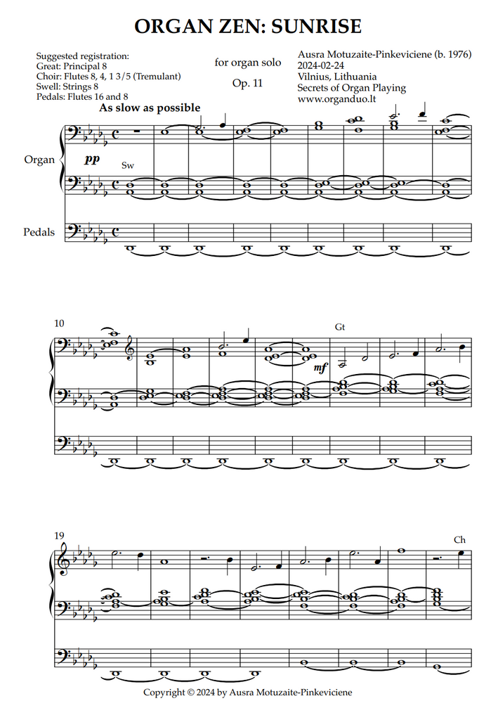 Organ Zen: Sunrise, Op. 11 (Organ Solo) by Ausra Motuzaite-Pinkeviciene