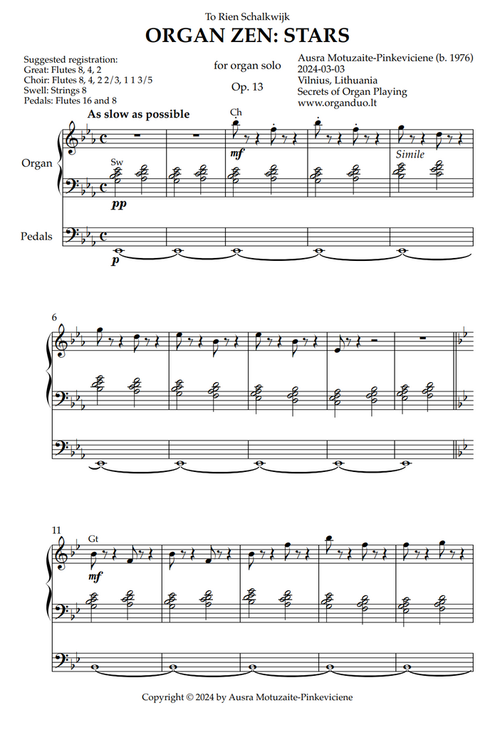 Organ Zen: Stars, Op. 13 (Organ Solo) by Ausra Motuzaite-Pinkeviciene
