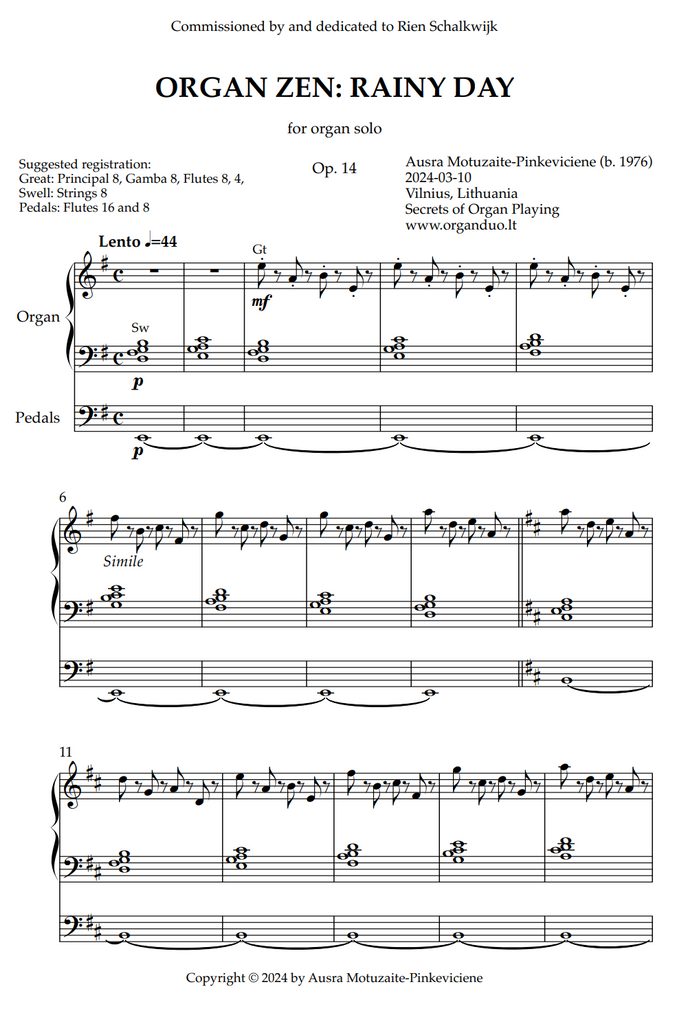 Organ Zen: Rainy Day, Op. 14 (Organ Solo) by Ausra Motuzaite-Pinkeviciene