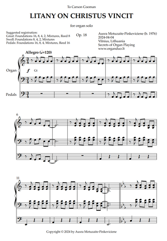 Litany on Christus vincit, Op. 18 (Organ Solo) by Ausra Motuzaite-Pinkeviciene