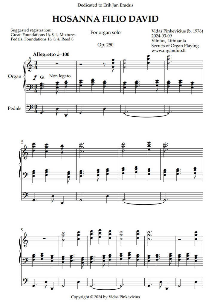 Hosanna filio David, Op. 250 (Organ Solo) by Vidas Pinkevicius