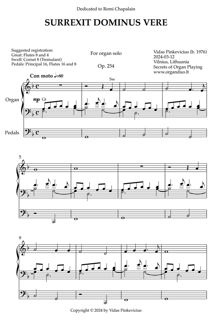 Surrexit Dominus vere, Op. 254 (Organ Solo) by Vidas Pinkevicius