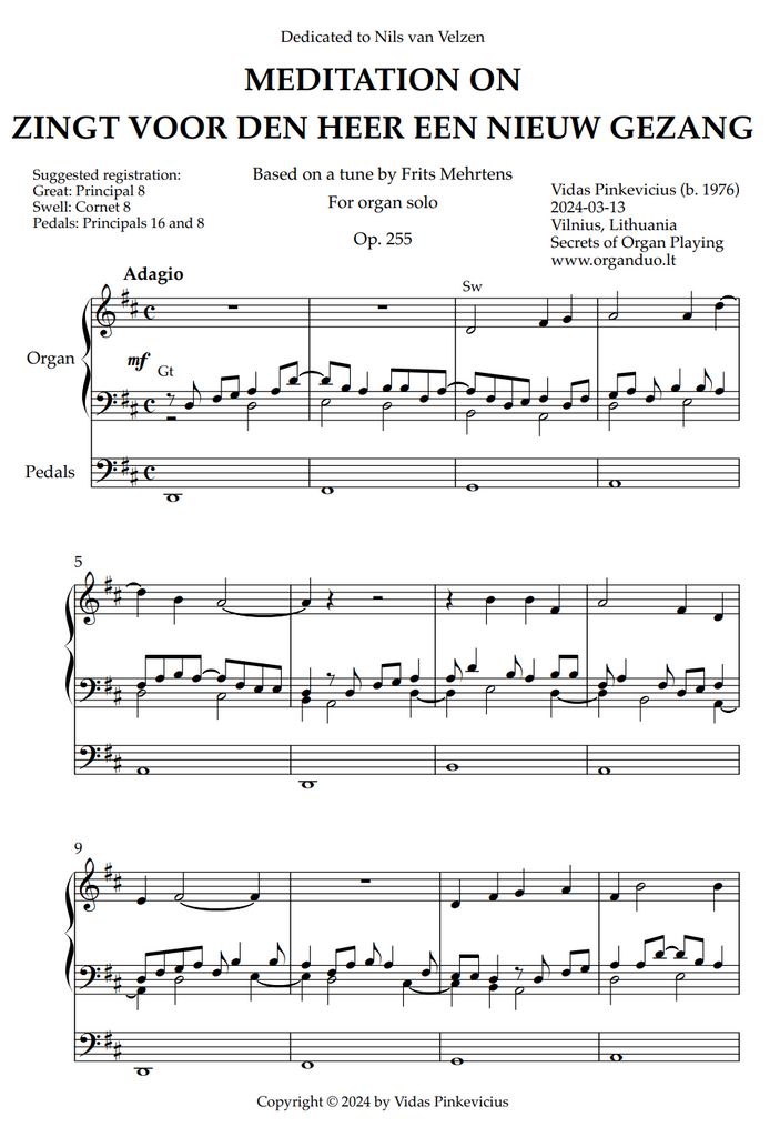 Meditation on Zingt voor den Heer een nieuw gezang, Op. 255 (Organ Solo) by Vidas Pinkevicius