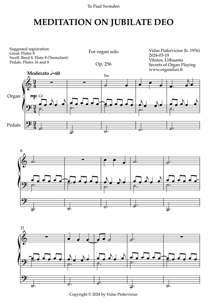 Meditation on Jubilate Deo, Op. 256 (Organ Solo) by Vidas Pinkevicius