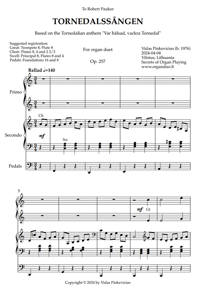 Tornedalssången, Op. 257 (Organ Duet) by Vidas Pinkevicius
