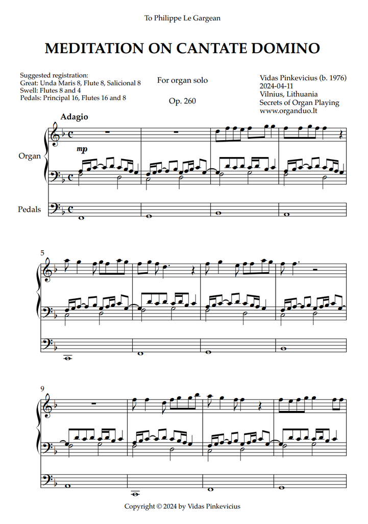 Meditation on Cantate Domino, Op. 260 (Organ Solo) by Vidas Pinkevicius