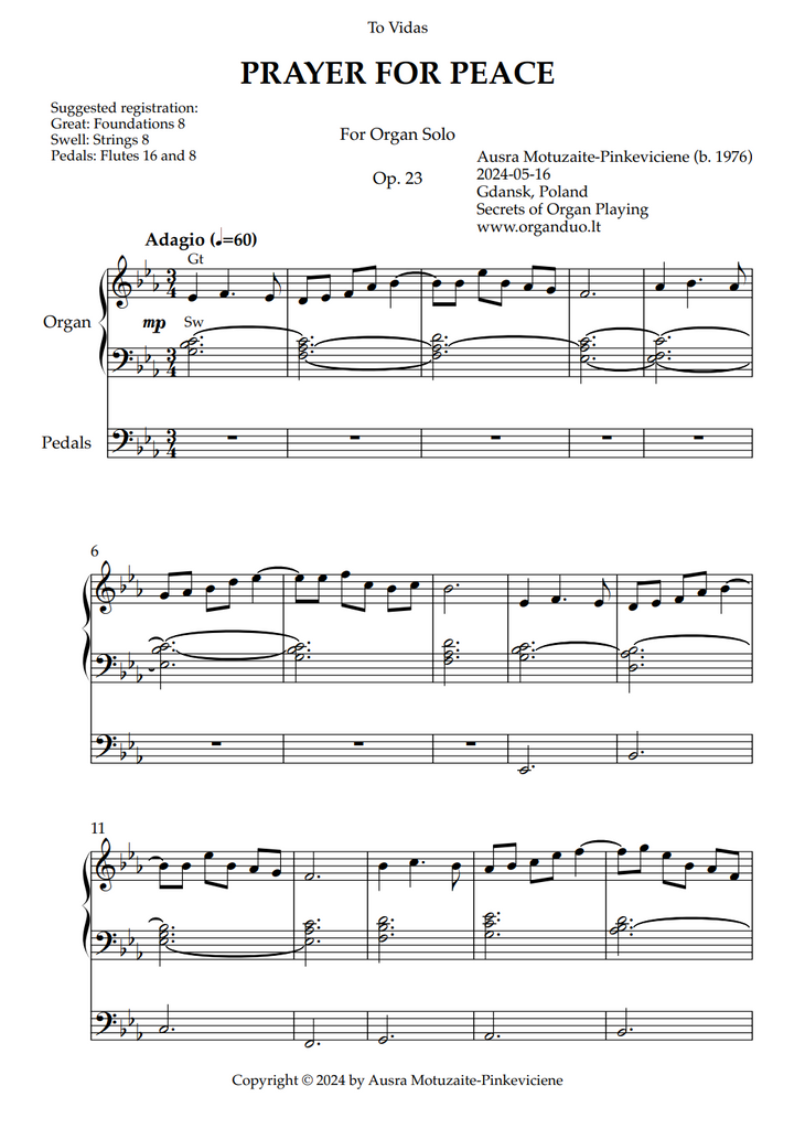 Prayer for Peace, Op. 23 (Organ Solo) by Ausra Motuzaite-Pinkeviciene
