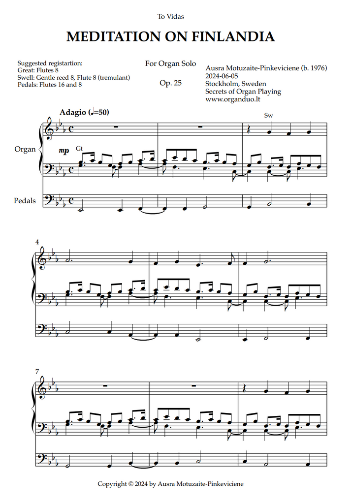 Meditation on Finlandia, Op. 25 (Organ Solo) by Ausra Motuzaite-Pinkeviciene