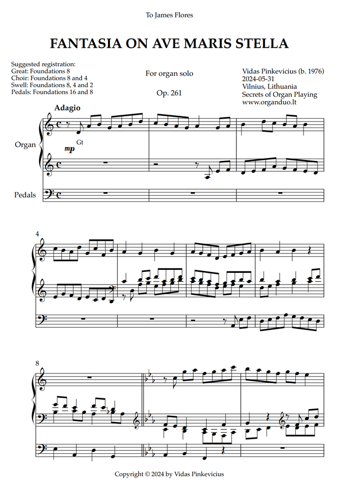 Fantasia on Ave Maris Stella, Op. 261 (Organ Solo) by Vidas Pinkevicius (2024)