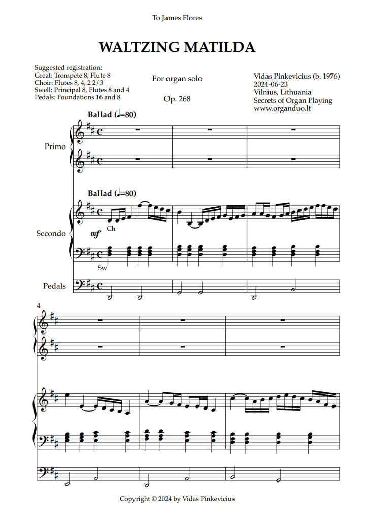 Waltzing Matilda, Op. 268 (arr. for Organ Duet) by Vidas Pinkevicius