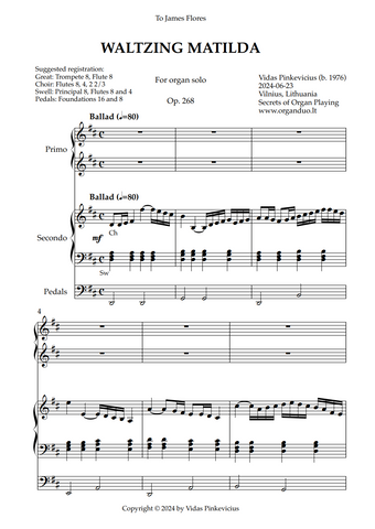 Waltzing Matilda, Op. 268 (arr. for Organ Duet) by Vidas Pinkevicius