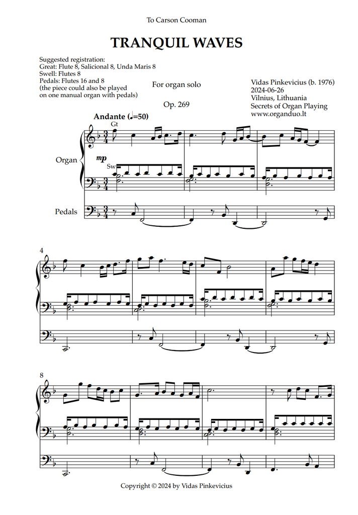 Tranquil Waves, Op. 269 (Organ Solo) by Vidas Pinkevicius (2024)