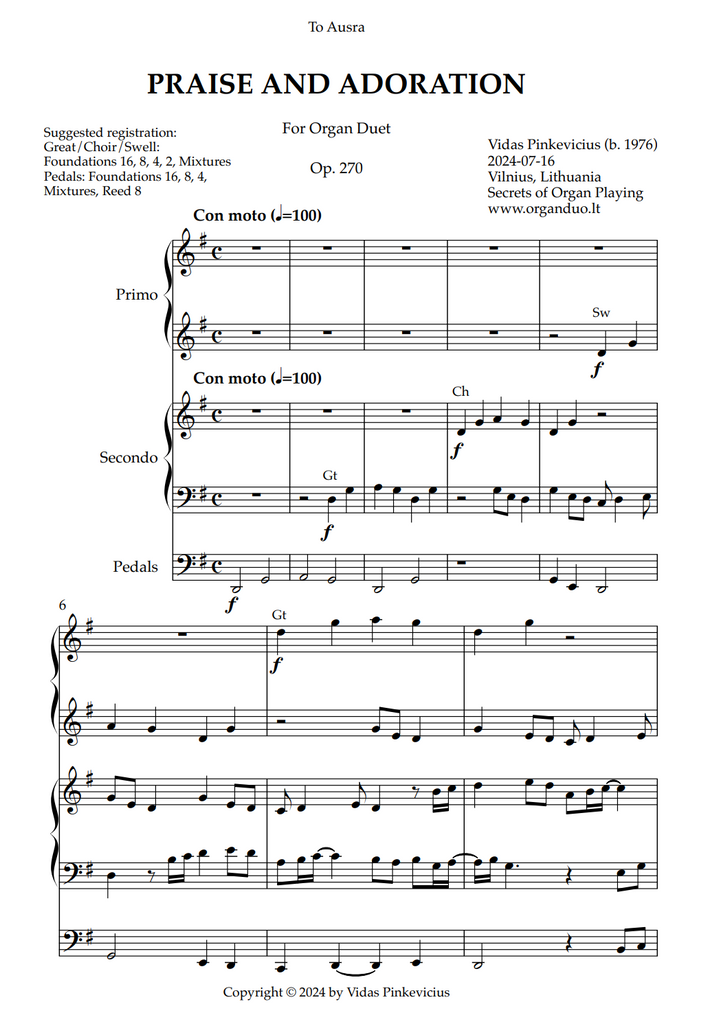 Praise and Adoration, Op. 270 (Organ Duet) by Vidas Pinkevicius (2024)