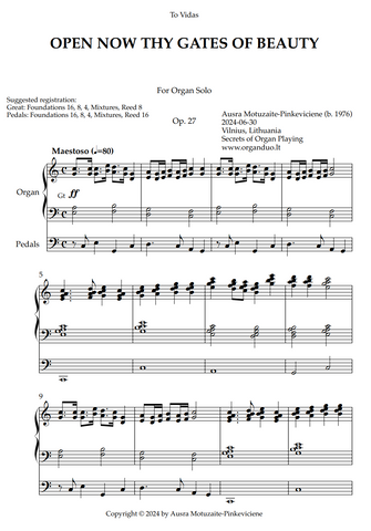 Open Now Thy Gates of Beauty, Op. 27 (Organ Solo) by Ausra Motuzaite-Pinkeviciene (2024)