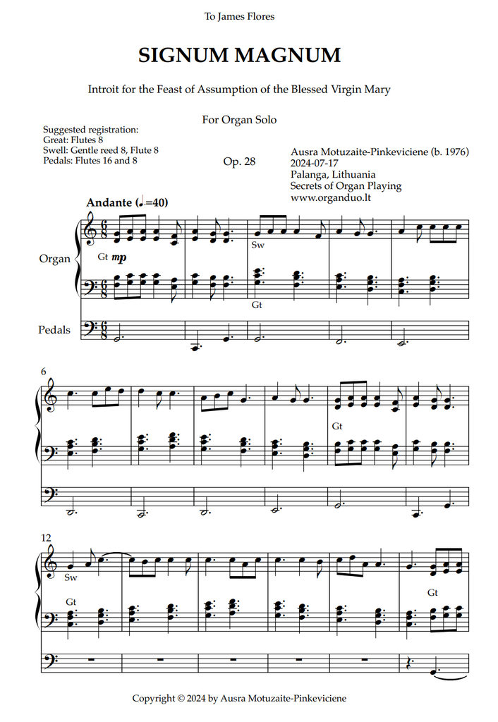 Signum magnum, Op. 28 (Organ Solo) by Ausra Motuzaite-Pinkeviciene (2024)