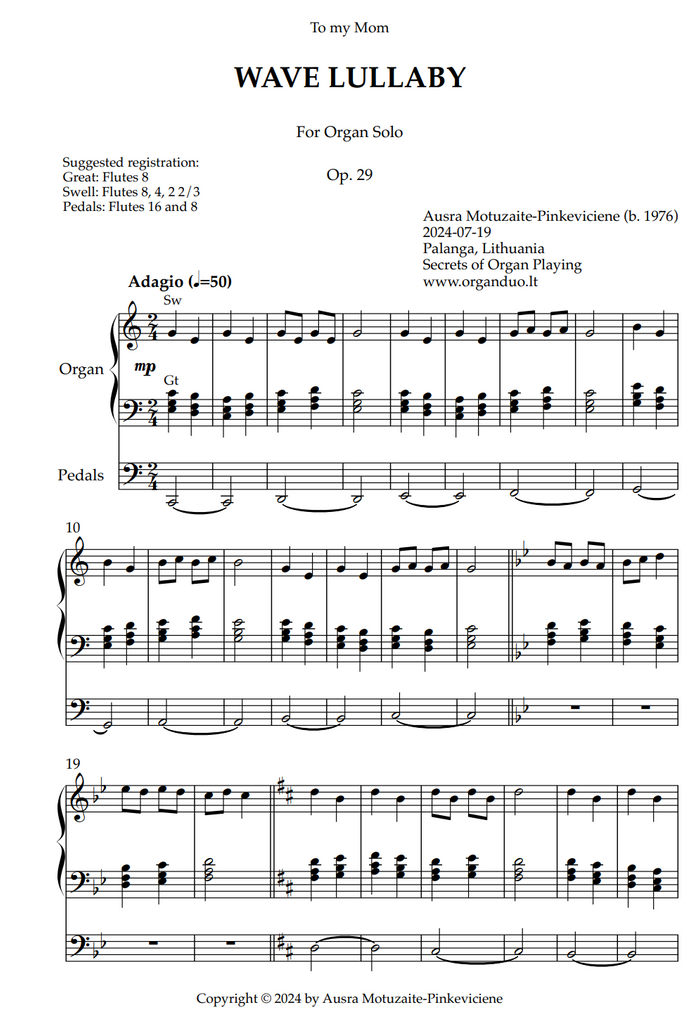 Wave Lullaby, Op. 29 (Organ Solo) by Ausra Motuzaite-Pinkeviciene (2024)