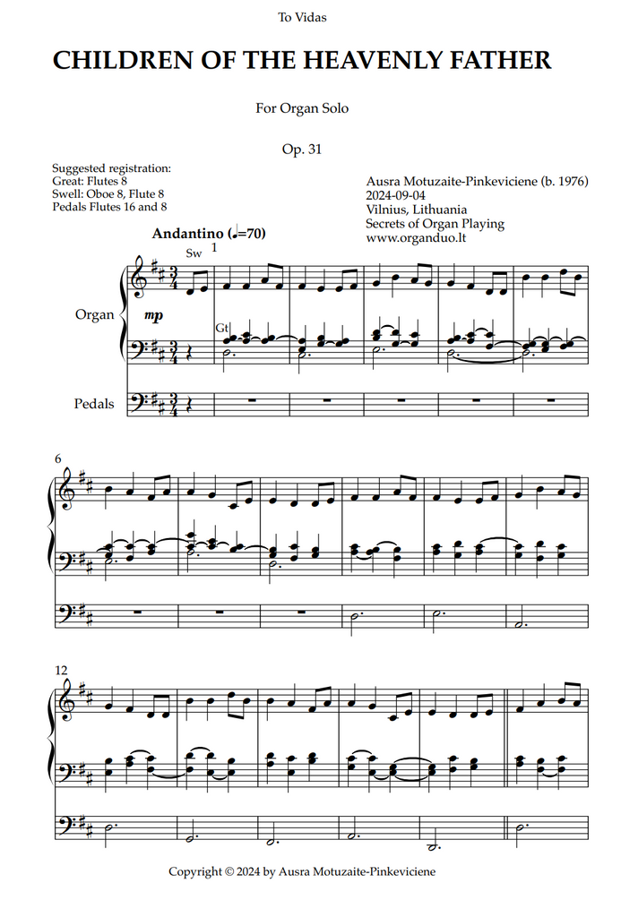 Children of the Heavenly Father, Op. 31 (Organ Solo) by Ausra Motuzaite-Pinkeviciene