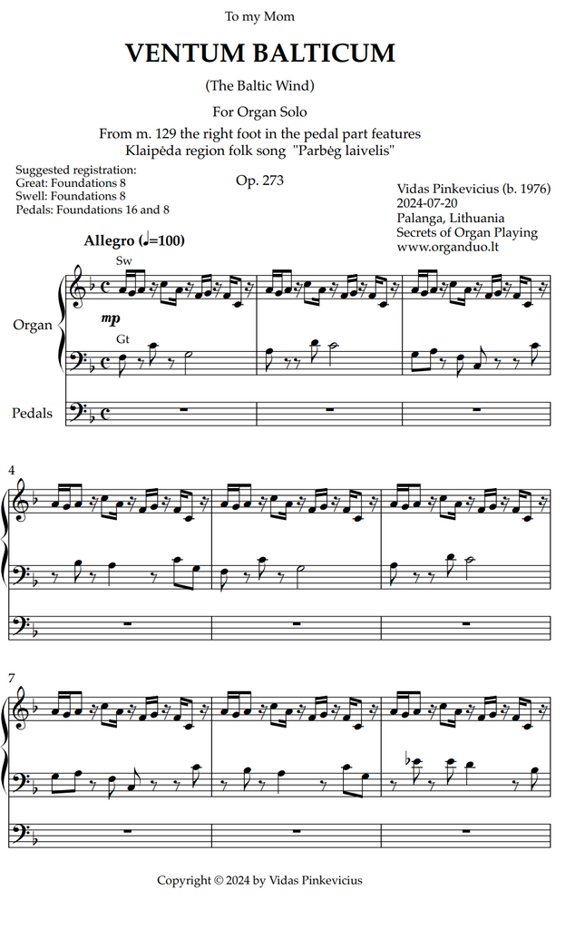 Ventum Balticum, Op. 273 (Organ Solo) by Vidas Pinkevicius (2024)