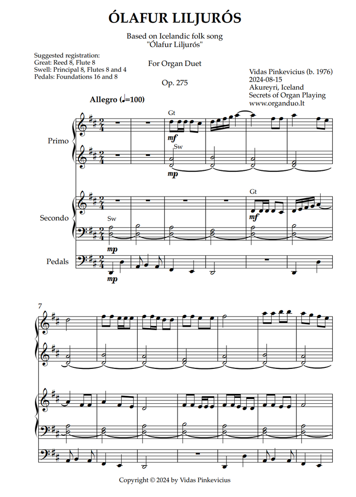 Ólafur Liljurós, Op. 275 (Organ Duet) by Vidas Pinkevicius (2024)