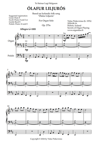 Ólafur Liljurós, Op. 275a (Organ Solo) by Vidas Pinkevicius (2024)