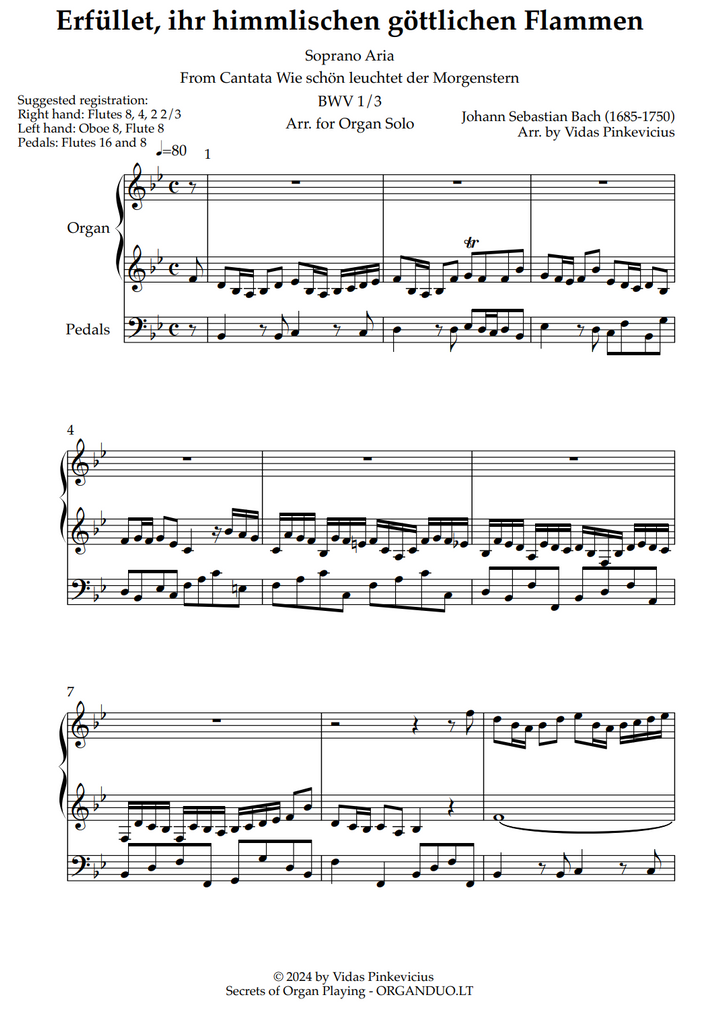 Aria "Erfüllet, ihr himmlischen göttlichen Flammen", BWV 1/3 (arr. for Organ Solo)