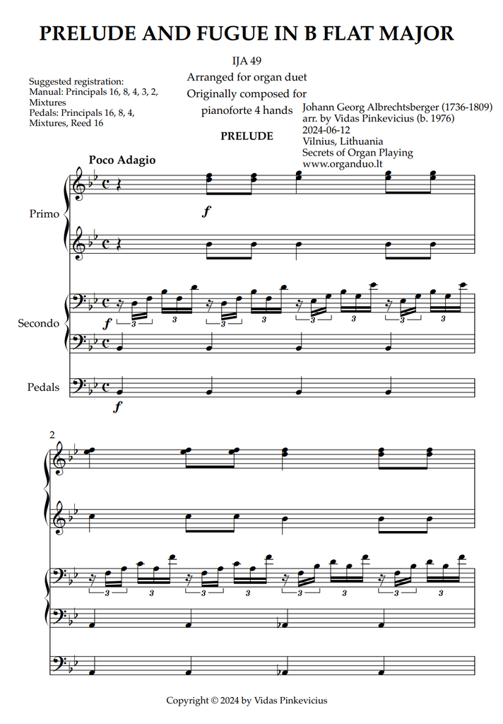 Prelude and Fugue in Bb Major (arr. Organ Duet) by Johann Georg Albrechtsberger