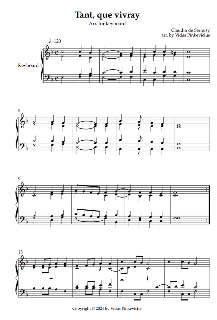 Tant Que Vivray (arr. for keyboard) by Claudin de Sermisy