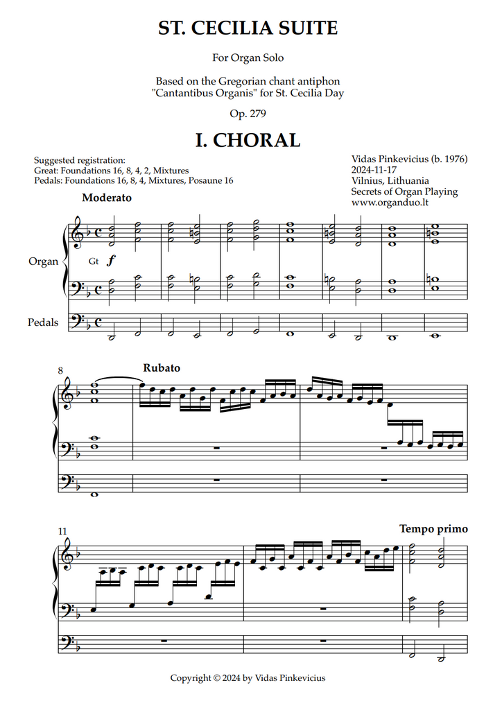 St. Cecilia Suite, Op. 279 (Organ Solo) by Vidas Pinkevicius (2024)