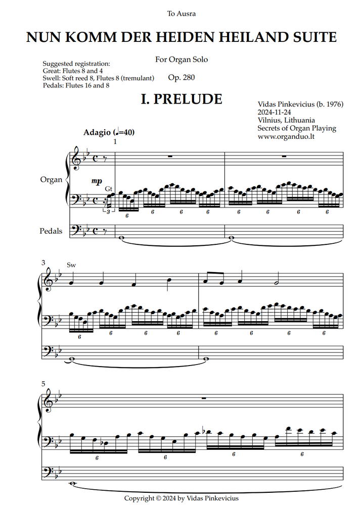 Nun komm der Heiden Heiland Suite, Op. 280 (Organ Solo) by Vidas Pinkevicius (2024)