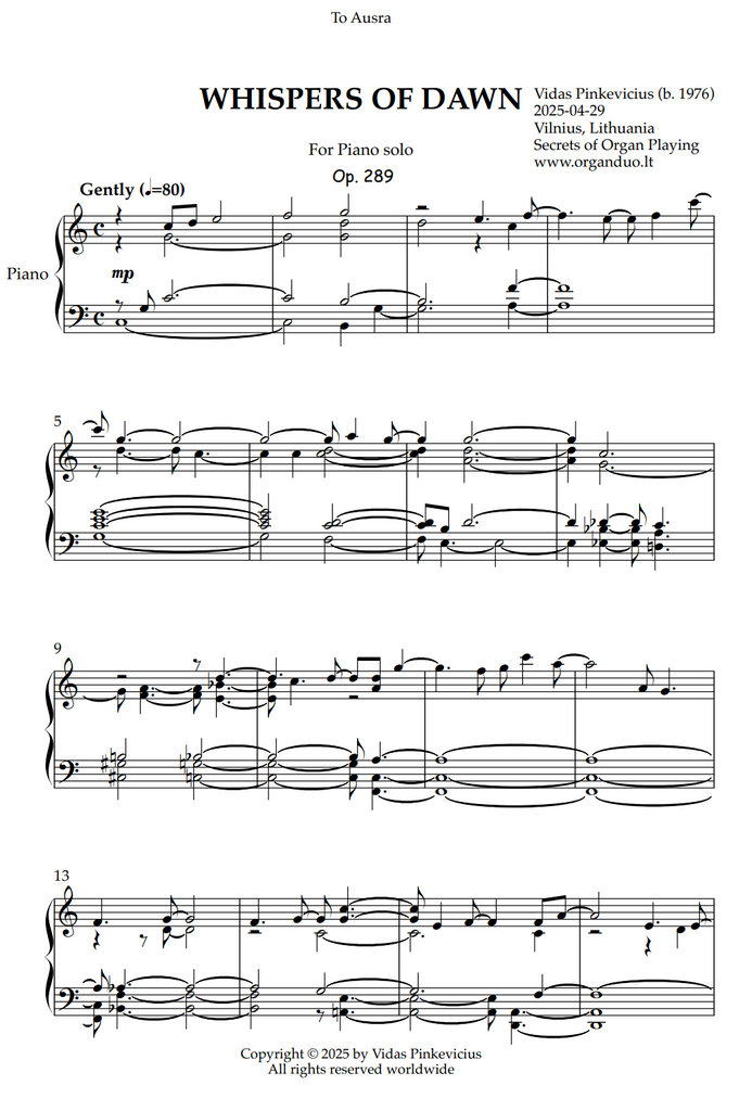Whispers of Dawn, Op. 289 (Piano Solo) by Vidas Pinkevicius
