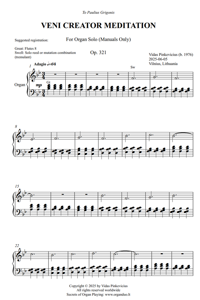 Veni Creator Meditation, Op. 321 (Organ Solo) by Vidas Pinkevicius