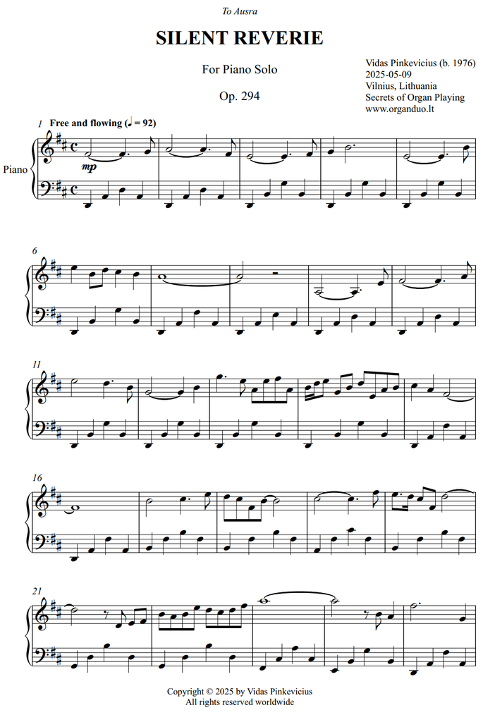 Silent Reverie, Op. 294 (Piano Solo) by Vidas Pinkevicius