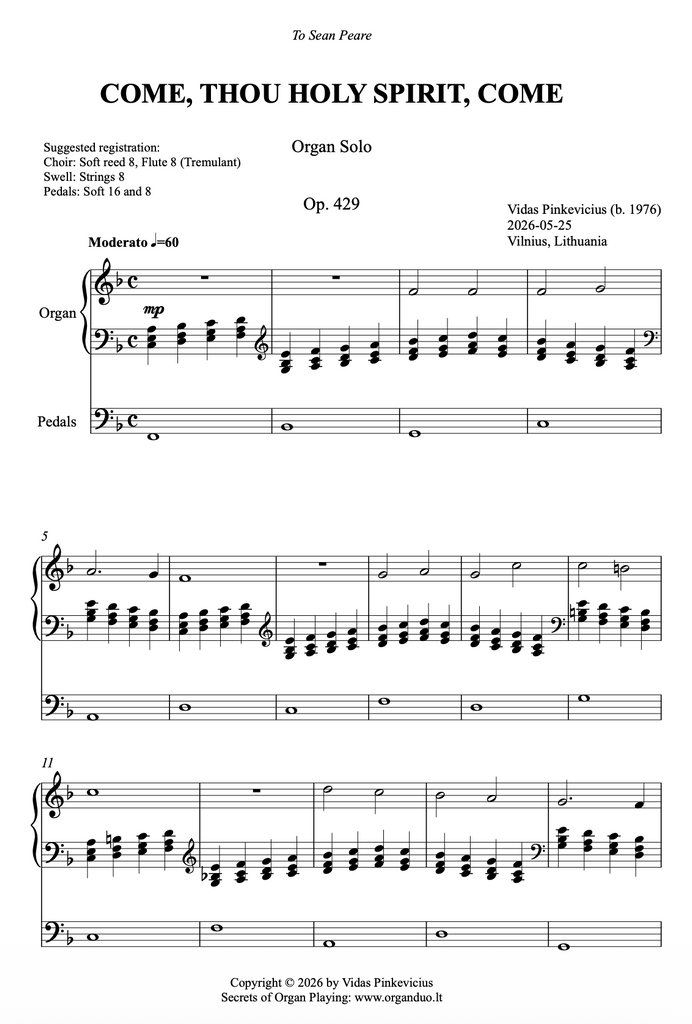 Come, Thou Holy Spirit, Come, Op. 429 (Organ Solo) by Vidas Pinkevicius