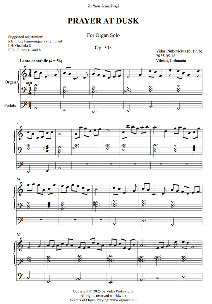 Prayer at Dusk, Op. 303 (Organ Solo) by Vidas Pinkevicius
