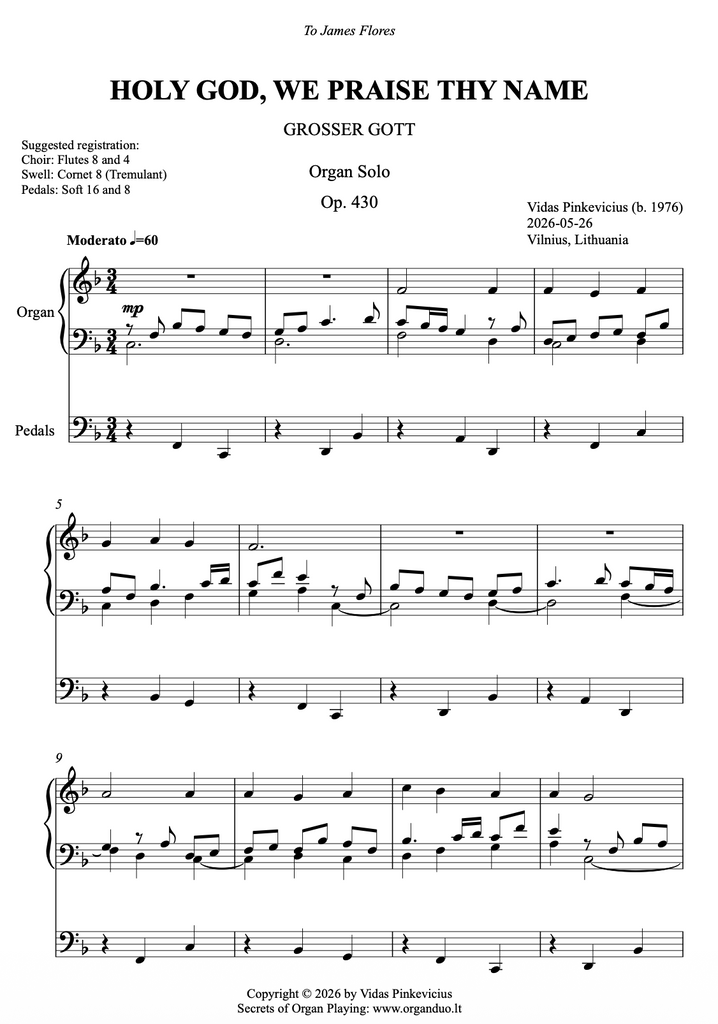 Holy God, We Praise Thy Name, Op. 430 (Organ Solo) by Vidas Pinkevicius (F Major and Eb Major)