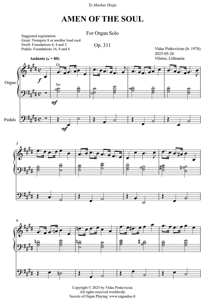 Amen of the Soul, Op. 311 (Organ Solo) by Vidas Pinkevicius Artists