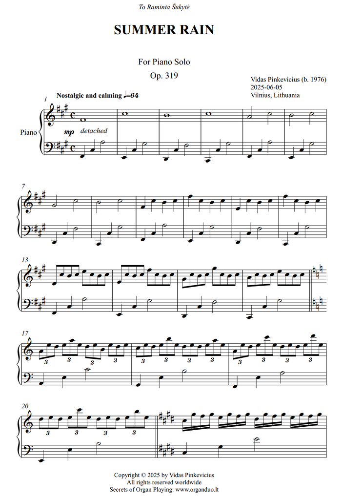 Summer Rain, Op. 319 (Piano Solo) by Vidas Pinkevicius