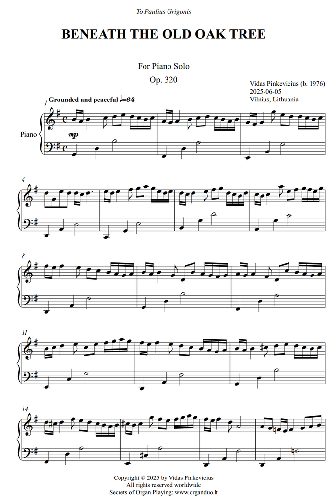Beneath the Old Oak Tree, Op. 320 (Piano Solo) by Vidas Pinkevicius