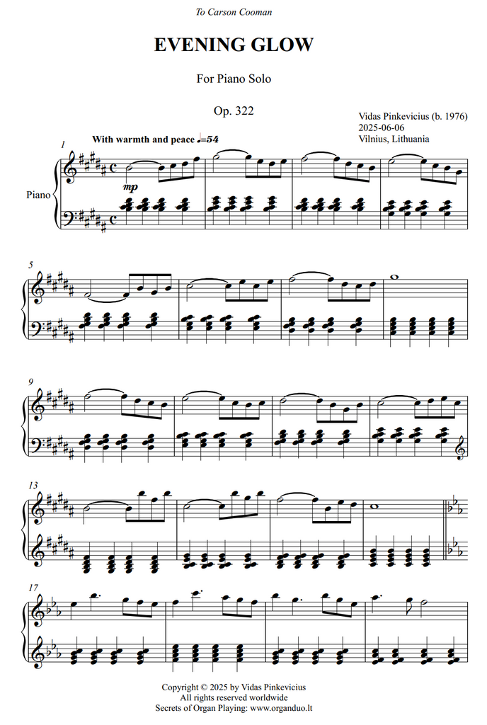 Evening Glow, Op. 322 (Solo Piano) by Vidas Pinkevicius