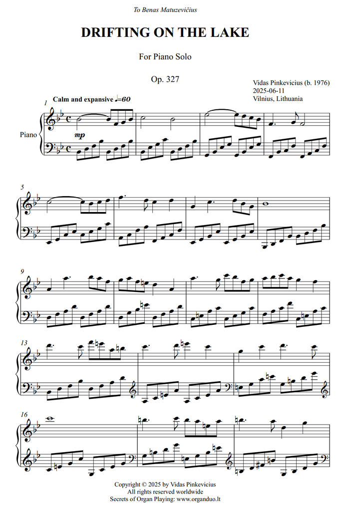 Drifting on the Lake, Op. 327 (Piano Solo) by Vidas Pinkevicius