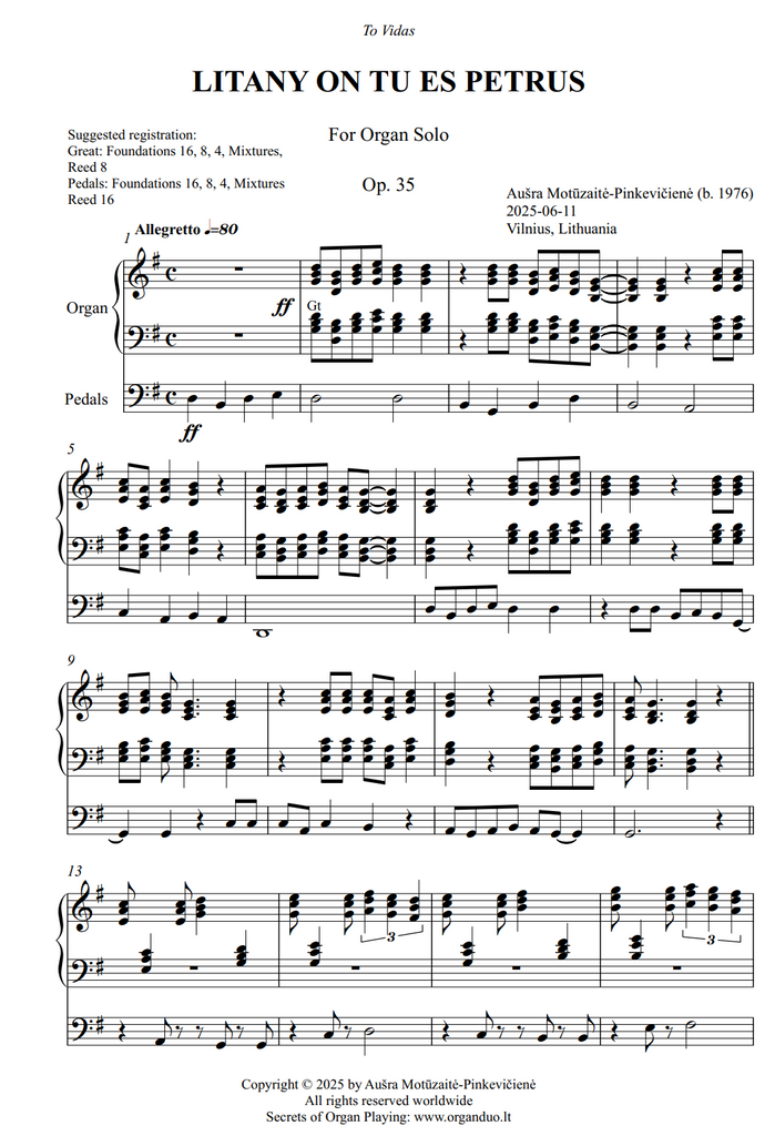 Litany on Tu es Petrus, Op. 35 (Organ Solo) by Ausra Motuzaite-Pinkeviciene