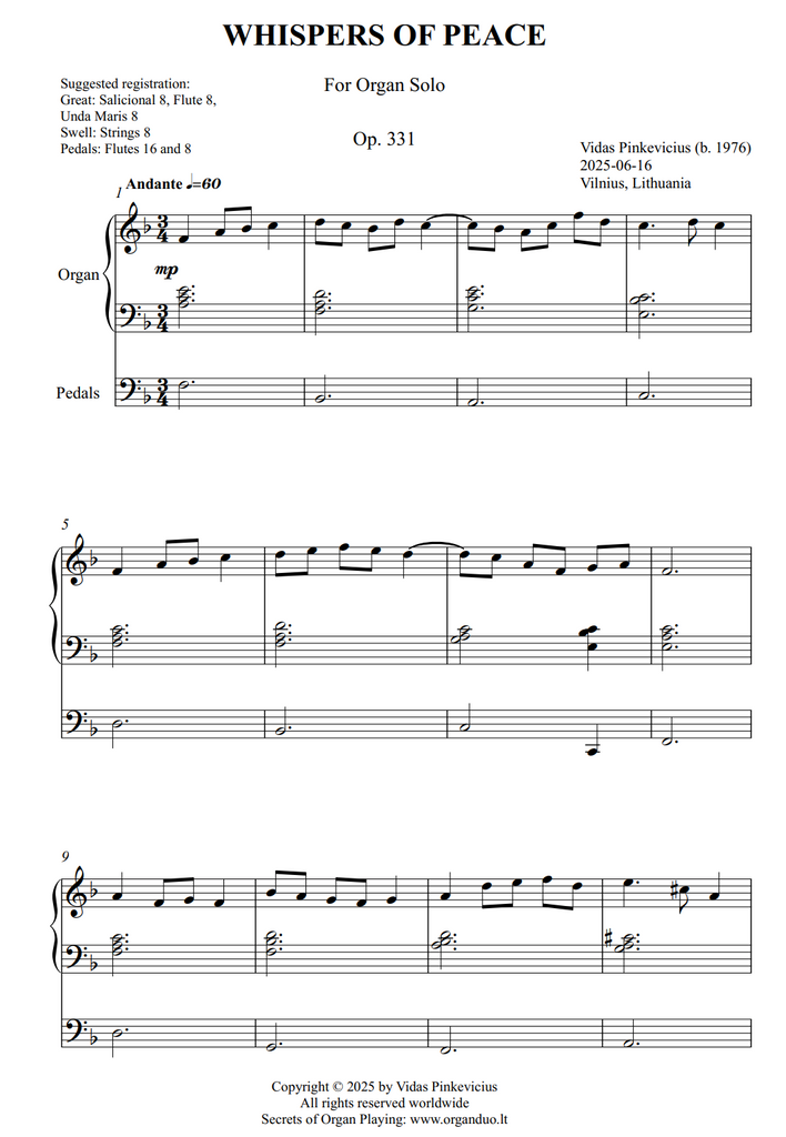 Whispers of Peace, Op. 331 (Organ Solo) by Vidas Pinkevicius