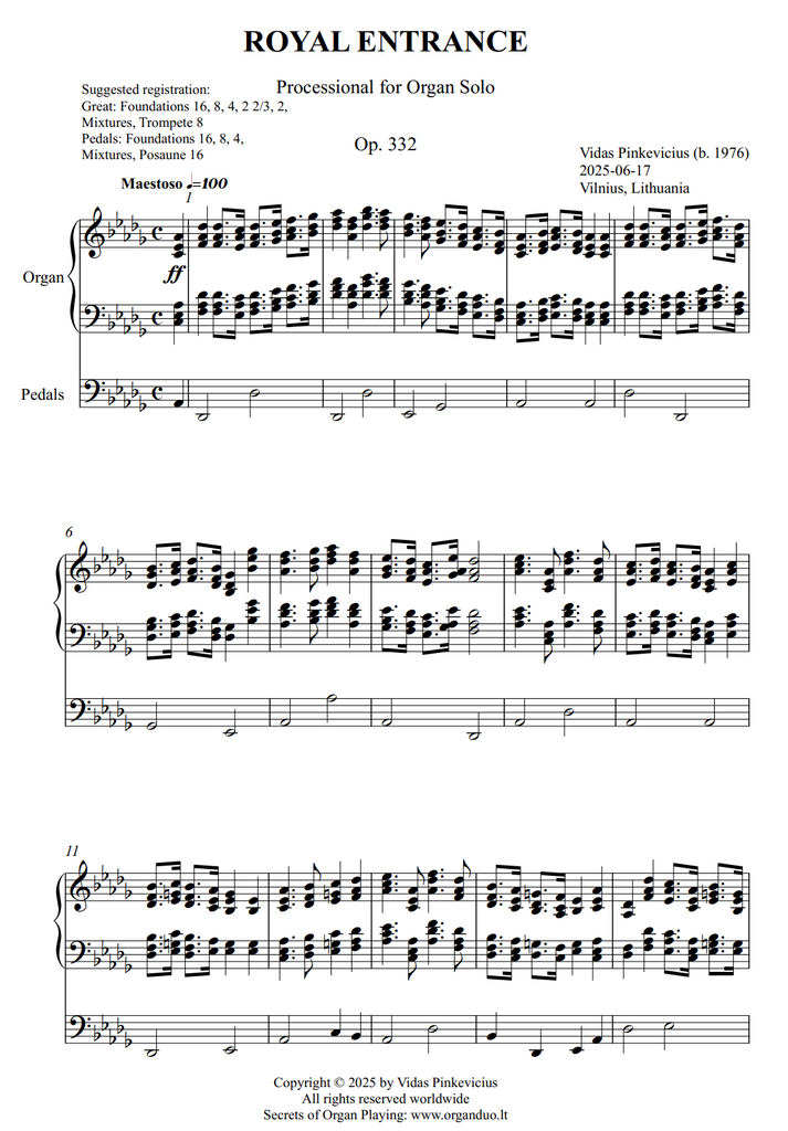 Royal Entrance, Op. 332 (Processional for Organ Solo) by Vidas Pinkevicius