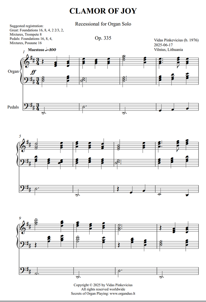 Clamor of Joy, Op. 335 (Recessional for Organ Solo) by Vidas Pinkevicius