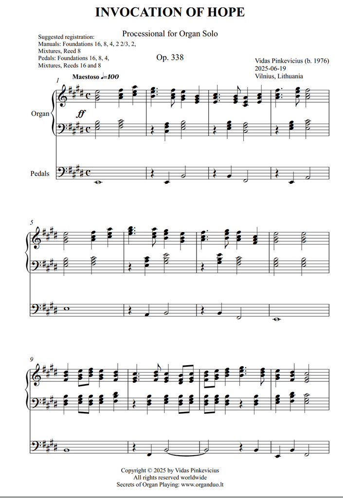 Invocation of Hope, Op 338 (Processional for Organ Solo) by Vidas Pinkevicius