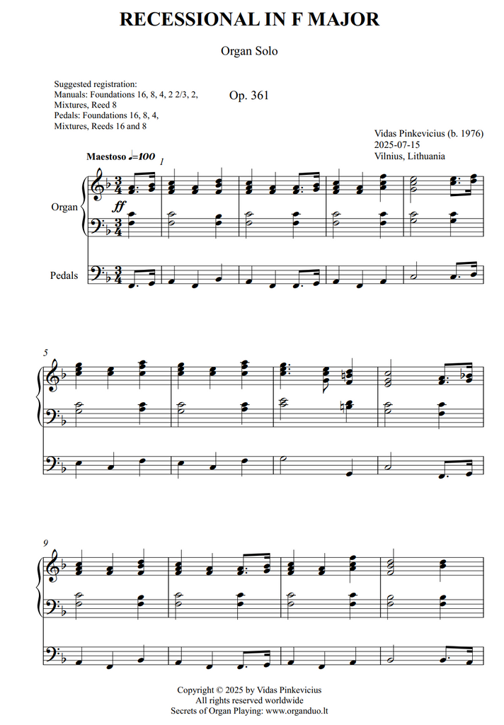 Recessional in F Major, Op. 361 (Organ Solo) by Vidas Pinkevicius